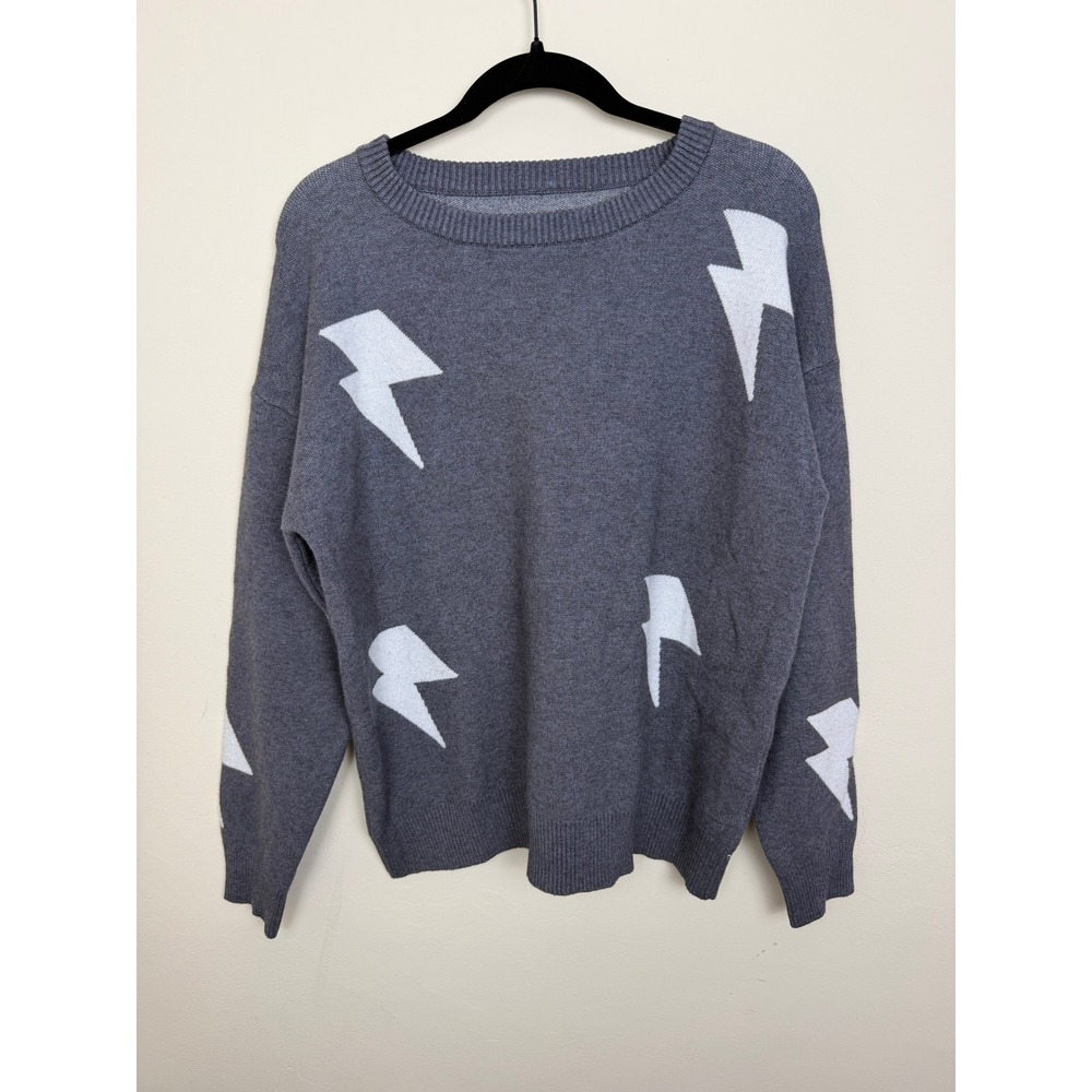 Grey Lightning Bolt Knit L Crewneck Sweater Viscose Blend Graphic Knit Rocker